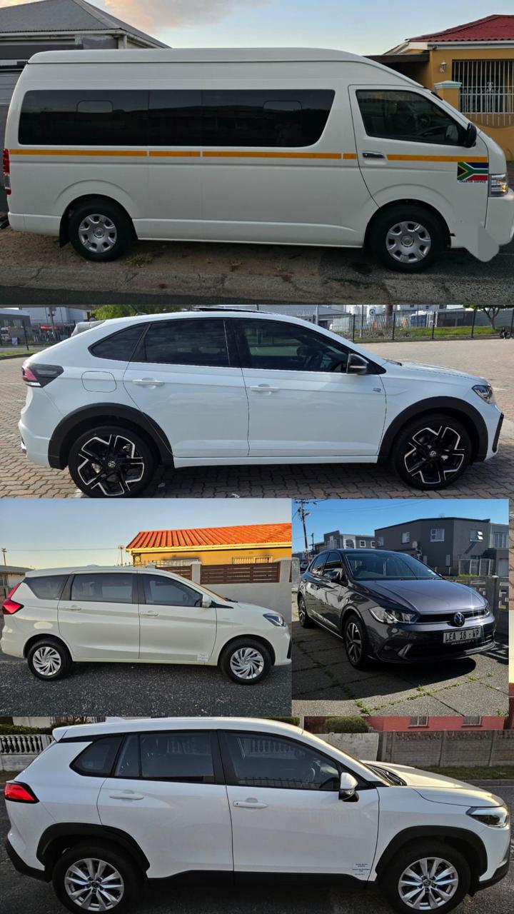 The Zoom Africa Tours & Transfers fleet, including a Toyota Quantum minibus, VW hatchback, Suzuki Ertiga MPV, VW Polo sedan and VW T-Cross SUV